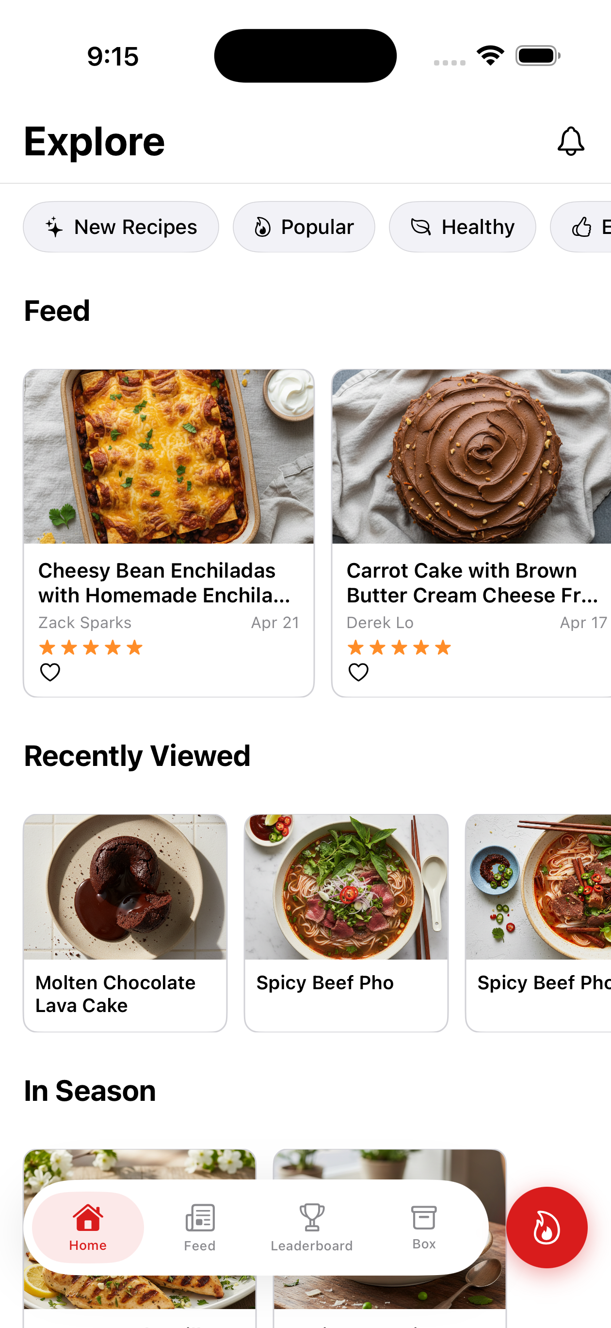 Expo app — Explore screen showing recipe feed